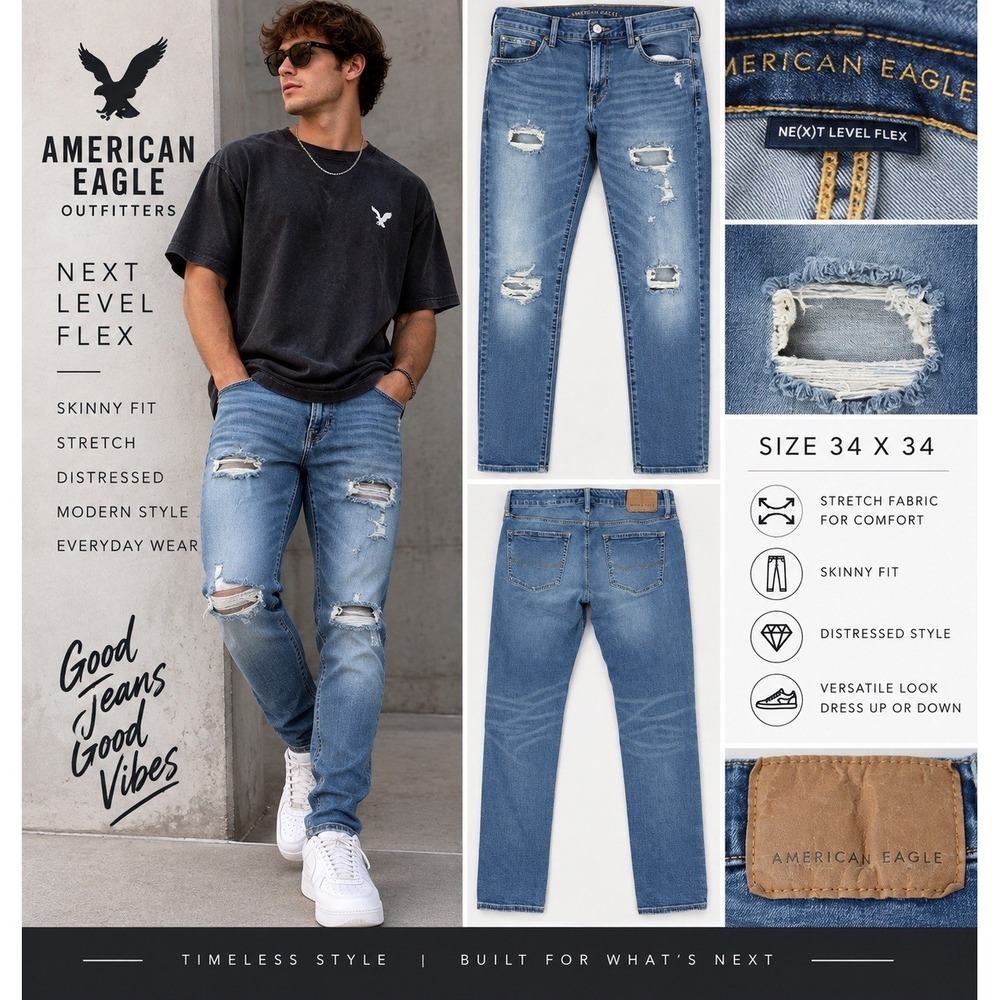 Distressed Skinny Jeans Men 34x34 American Eagle Next Level Flex Stretch Ripped